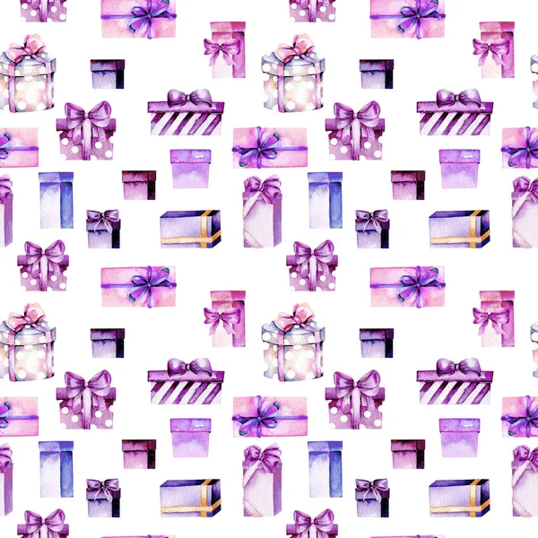 无缝模式与水彩的紫色和粉色礼品盒 — 图库照片