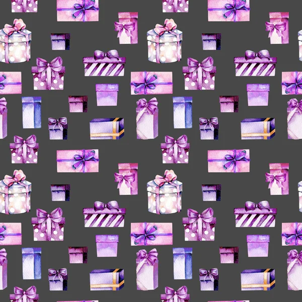 Seamless pattern with watercolor purple and pink gift boxes — Stock Photo, Image