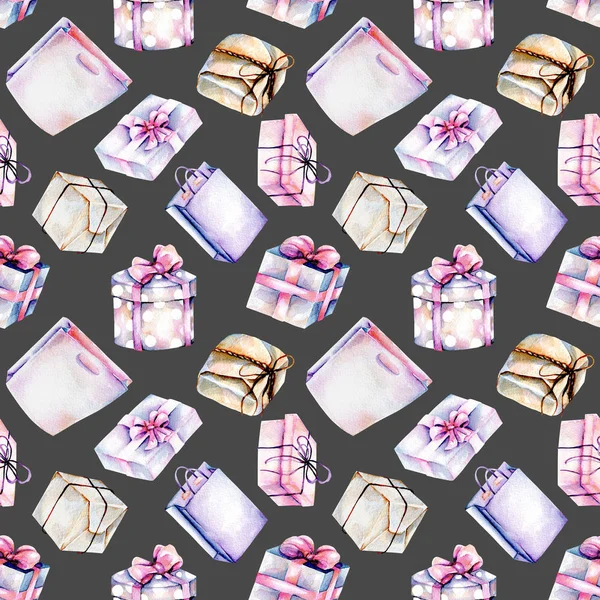 Seamless pattern with watercolor purple and pink gift boxes — Stock Photo, Image