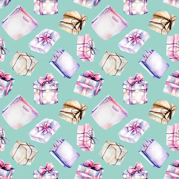 Seamless mönster med akvarell lila och rosa presentförpackning — Stockfoto