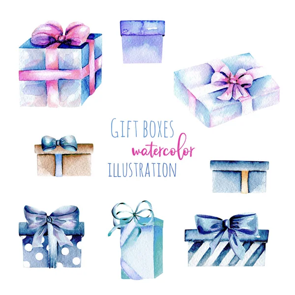 Set von aquarellfarbenen blauen Geschenkboxen — Stockfoto