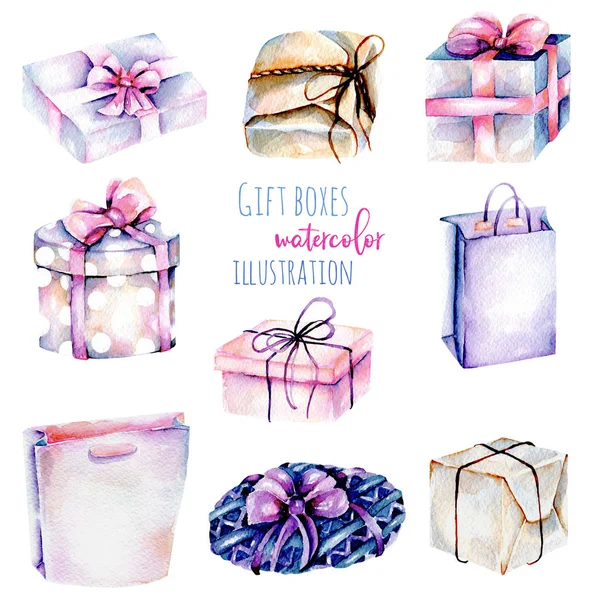 Set of watercolor gift boxes — Stock Photo, Image
