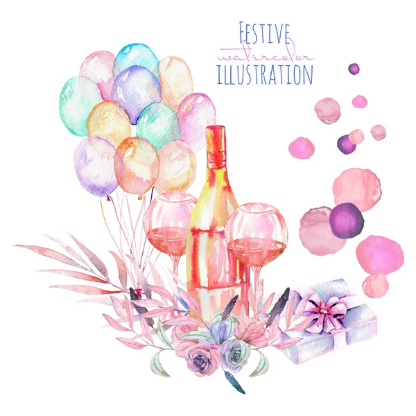 Vakantie illustratie met aquarel geschenkdoos, lucht ballonnen, champagnefles, wijn glazen en florale elementen in roze en paarse schaduwen — Stockfoto