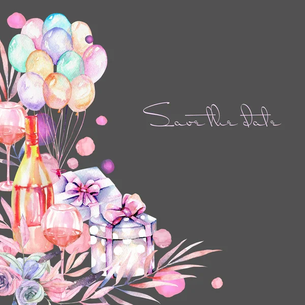 Tatil kartı şablonu suluboya hediye kutusu, hava balonları, şampanya şişesi, şarap, gözlük ve pembe ve mor gölgelere çiçek öğeleri