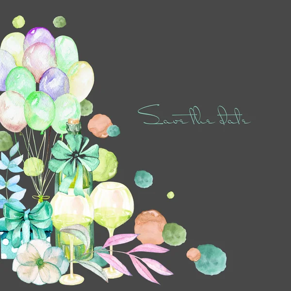 Tatil kartı şablonu suluboya hediye kutusu, hava balonları, şampanya şişesi, şarap, gözlük ve yeşil gölgeler içinde çiçek öğeleri