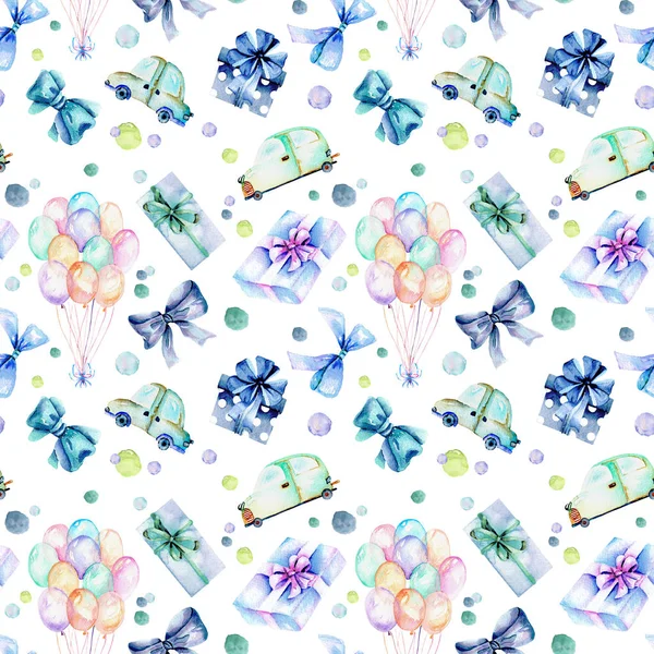 Holiday seamless pattern with watercolor gift boxes, air balloons, cars and bows in blue shadows — Stock Photo, Image