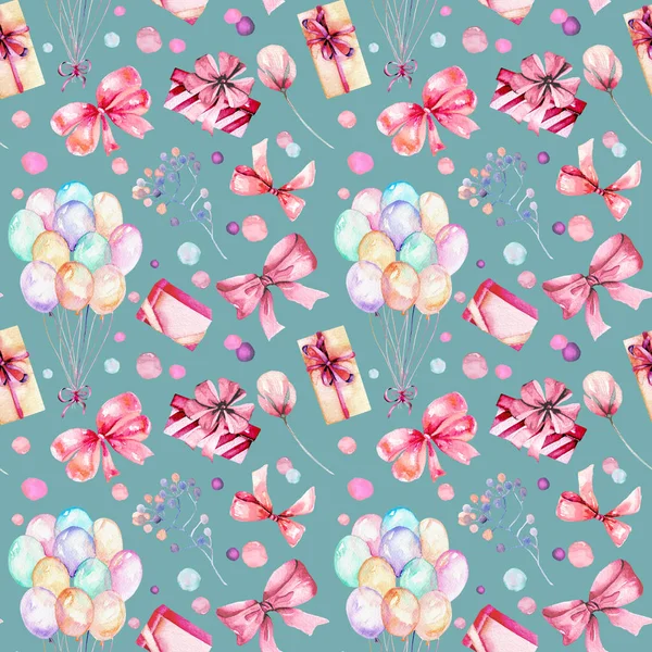 Patrón sin costuras de vacaciones con cajas de regalo de acuarela, globos aéreos, flores y arcos en sombras rosadas —  Fotos de Stock