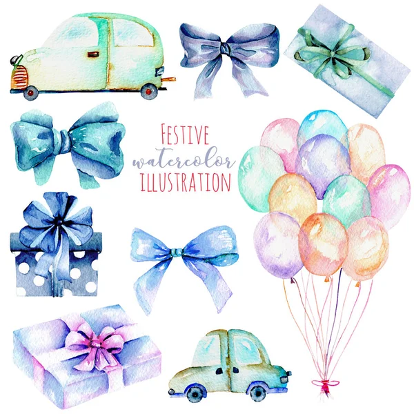 Holiday set of watercolor gift box, air balloons, cars, bows, wine glasses in blue shadows — Stock Photo, Image