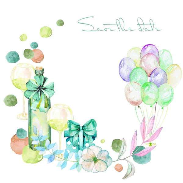 Sulu Boya hediye kutuları, hava balonları, şampanya şişesi, şarap, gözlük ve yeşil gölgeler çiçek öğelerle birlikte tatil çelenk