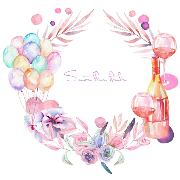 Grinalda de férias com caixa de presente aquarela, balões de ar, garrafa de champanhe, copos de vinho e elementos florais em sombras rosa e roxa — Fotografia de Stock