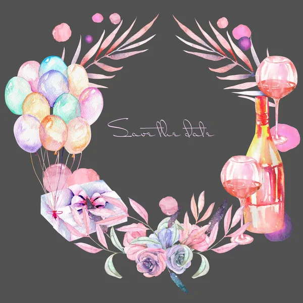 Grinalda de férias com caixa de presente aquarela, balões de ar, garrafa de champanhe, copos de vinho e elementos florais em sombras rosa e roxa — Fotografia de Stock