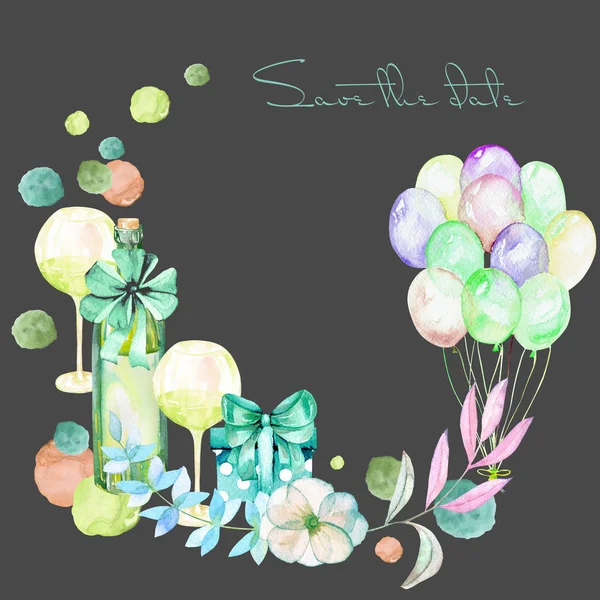 Sulu Boya hediye kutuları, hava balonları, şampanya şişesi, şarap, gözlük ve yeşil gölgeler çiçek öğelerle birlikte tatil çelenk