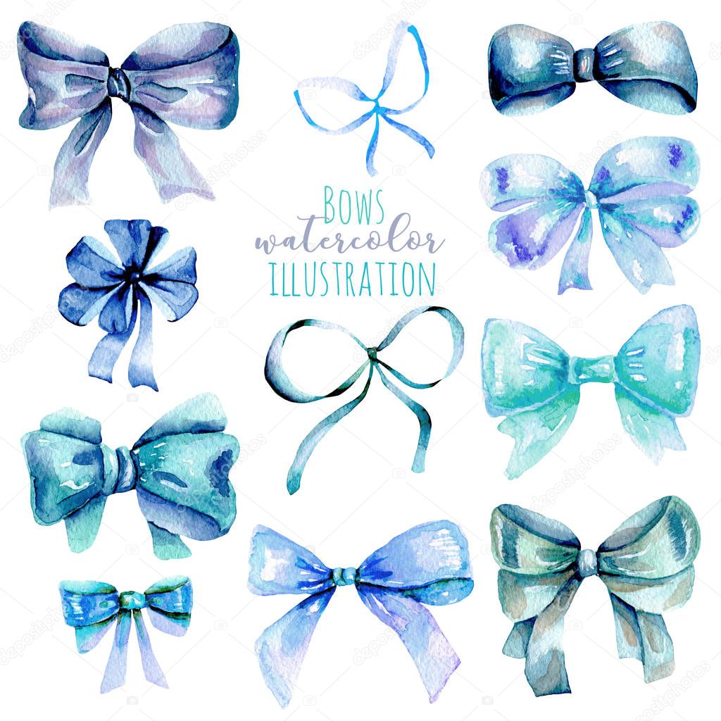 Set of watercolor blue bows