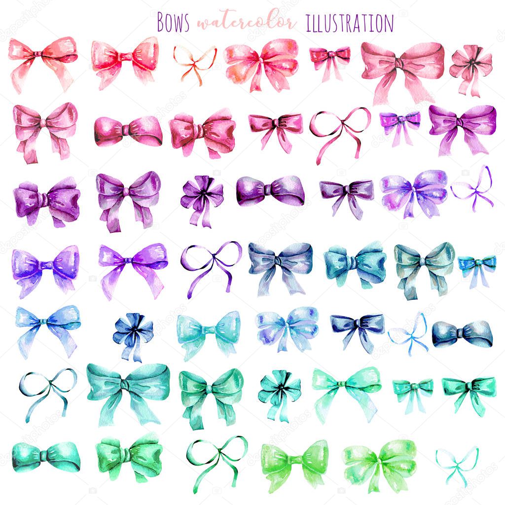 Set of watercolor colorful bows