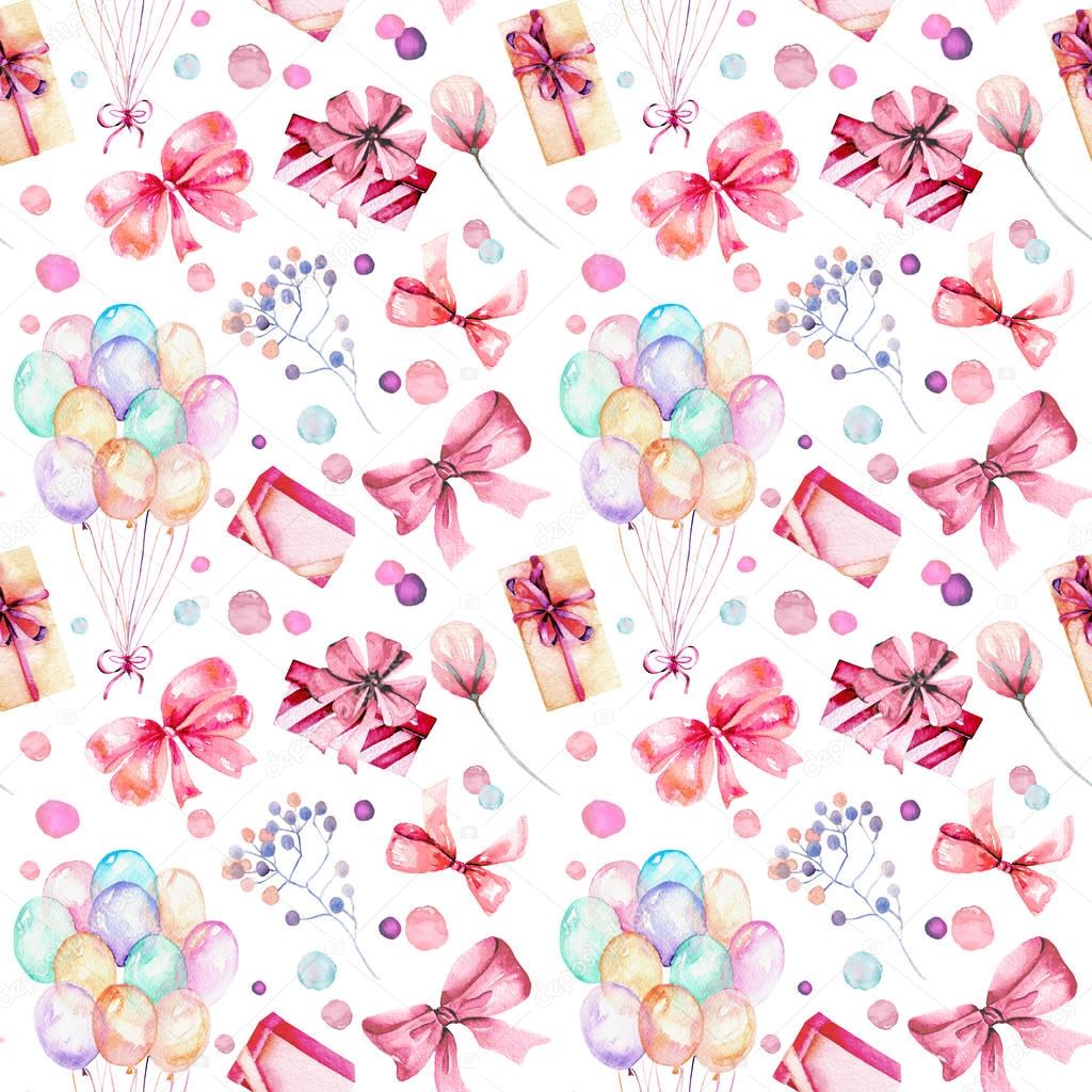 Holiday seamless pattern with watercolor gift boxes, air balloons, flowers and bows in pink shadows