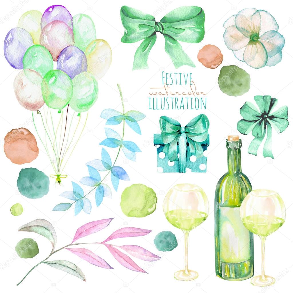 Holiday set of watercolor gift box, air balloons, champagne bottle, bows, wine glasses and floral elements in green shadows