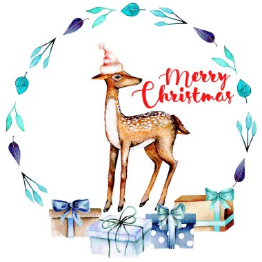 Suluboya geyik ve hediye kutuları ile mavi Noel çelenk