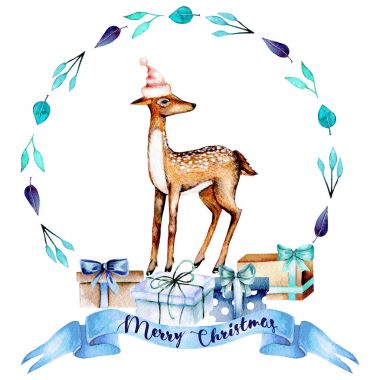 Suluboya geyik ve hediye kutuları ile mavi Noel çelenk