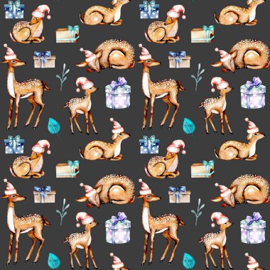 Noel şapka, suluboya geyikler ile Seamless Modeli geyikler bebeğim ve hediye kutuları