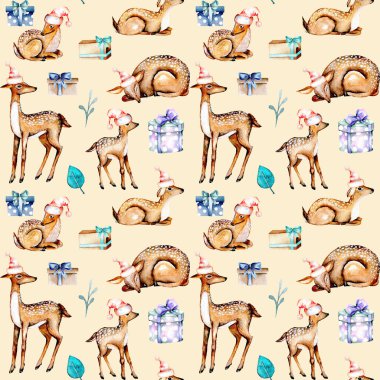 Noel şapka, suluboya geyikler ile Seamless Modeli geyikler bebeğim ve hediye kutuları
