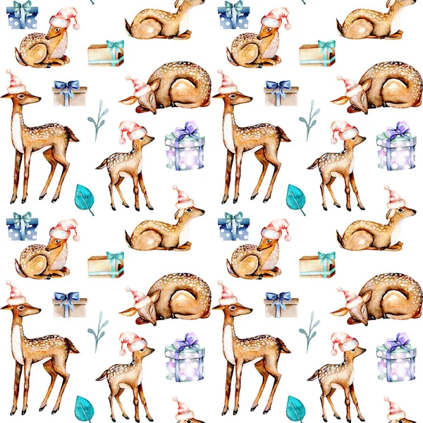 Motif sans couture avec des cerfs aquarelles dans des chapeaux de Noël, des bébés cerfs et des boîtes-cadeaux — Photo
