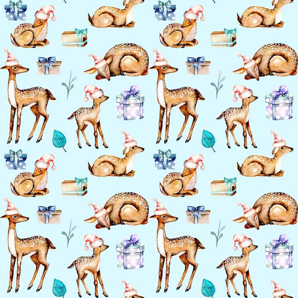 Noel şapka, suluboya geyikler ile Seamless Modeli geyikler bebeğim ve hediye kutuları