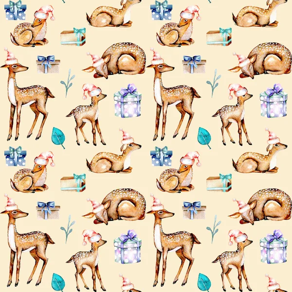 Noel şapka, suluboya geyikler ile Seamless Modeli geyikler bebeğim ve hediye kutuları