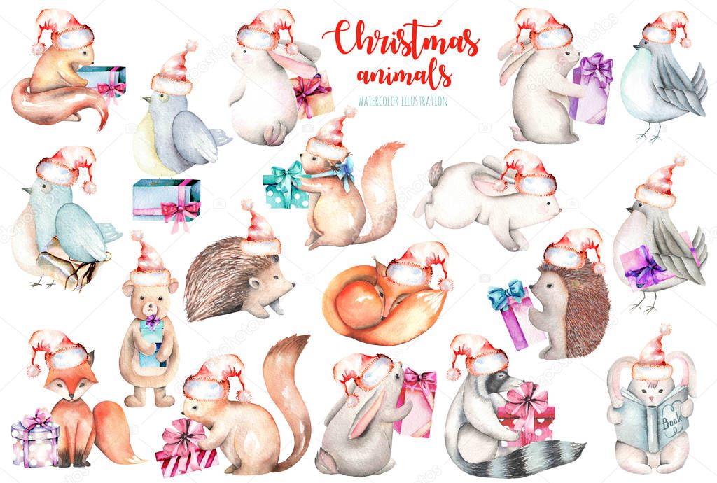 Collection, set of watercolor cute Christmas forest animals illustrations