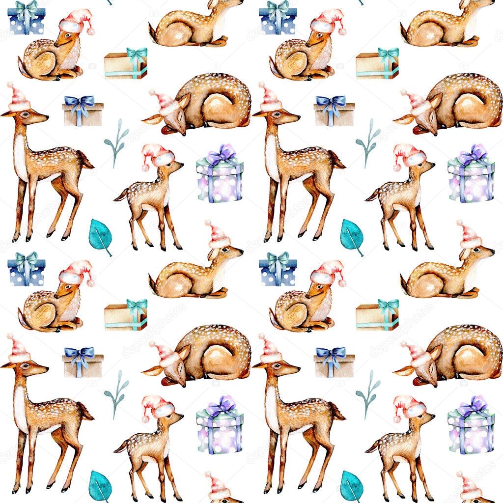 Seamless pattern with watercolor deers in Christmas hats, baby deers and gift boxes