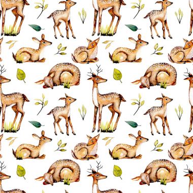 Suluboya geyikler, Bebek geyikler ve çiçek öğeleri ile Seamless Modeli