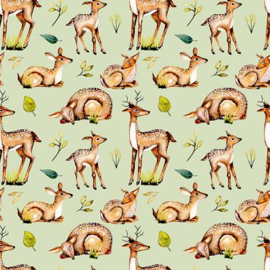 Suluboya geyikler, Bebek geyikler ve çiçek öğeleri ile Seamless Modeli