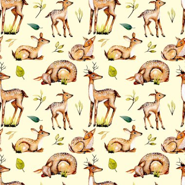 Suluboya geyikler, Bebek geyikler ve çiçek öğeleri ile Seamless Modeli