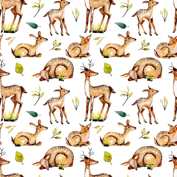 Suluboya geyikler, Bebek geyikler ve çiçek öğeleri ile Seamless Modeli