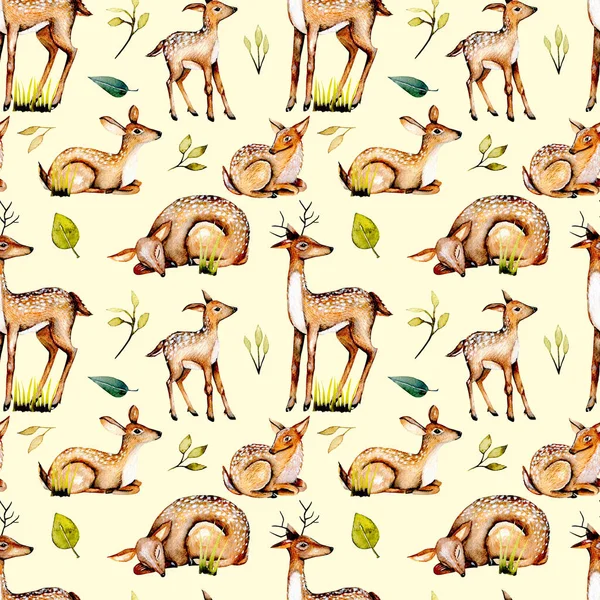 Suluboya geyikler, Bebek geyikler ve çiçek öğeleri ile Seamless Modeli