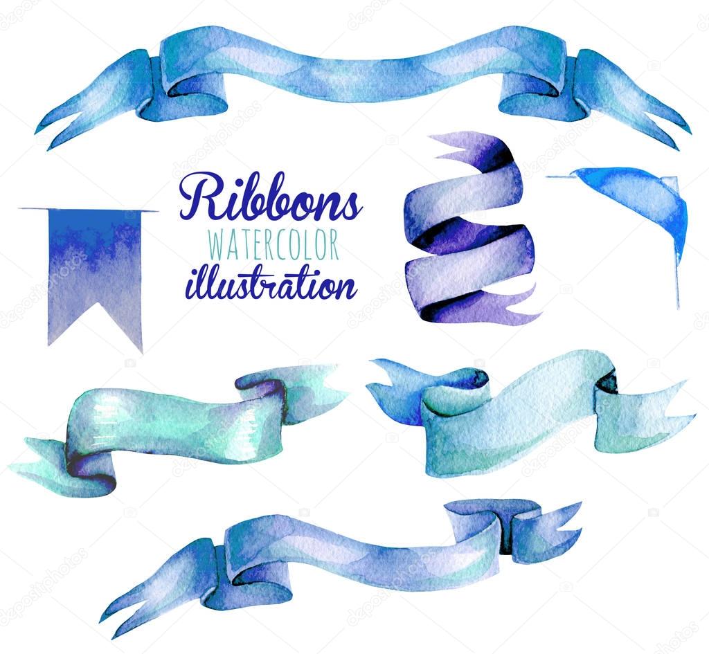 Set, collection of watercolor blue ribbons