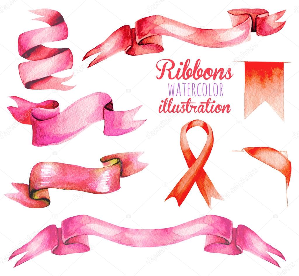 Set, collection of watercolor pink ribbons