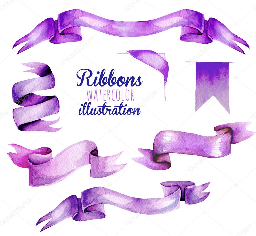 Set, collection of watercolor purple ribbons
