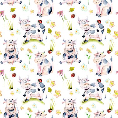 Suluboya sevimli çizgi inek, ladybugs ve basit çiçek ile Seamless Modeli
