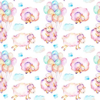 Seamless modeli ile suluboya şirin pembe koyunları, balonlar ve bulutlar resimler Hava