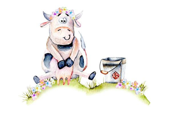 Watercolor cute cartoon cow sitting on a meadow near the bucket, ladybug and simple flowers — Stock Photo, Image