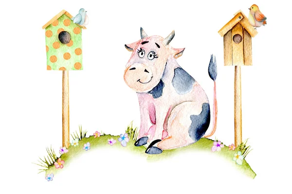 Акварель милая мультяшная корова сидит на лугу рядом с птичьими домиками, маленькие птицы и простые цветы — стоковое фото