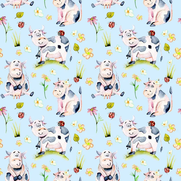 Seamless pattern with watercolor cute cartoon cows, ladybugs and simple flowers — Stock Photo, Image