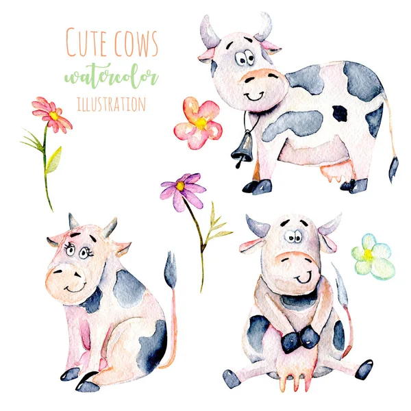 Set of watercolor cute cartoon cows and simple flowers — Stock Photo, Image