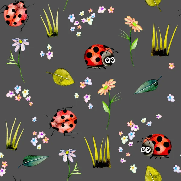 Seamless pattern with watercolor cute cartoon ladybugs and simple flowers — Stock Photo, Image