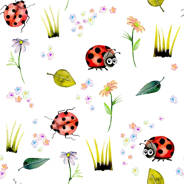 Seamless pattern with watercolor cute cartoon ladybugs and simple flowers — Stock Photo, Image