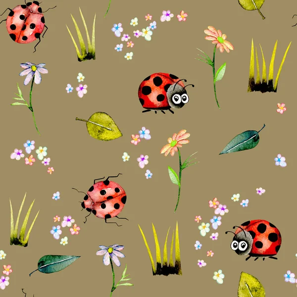 Seamless pattern with watercolor cute cartoon ladybugs and simple flowers — Stock Photo, Image