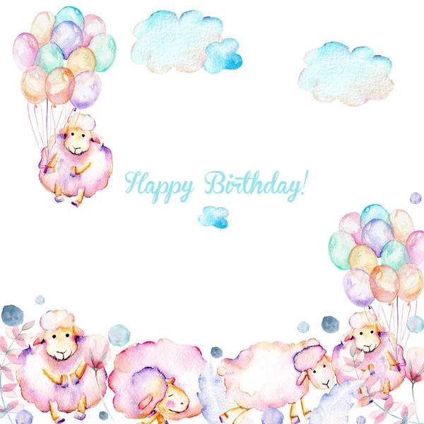 Modelo de cartão com aquarela bonito ovelhas rosa, balões de ar, plantas e nuvens ilustrações — Fotografia de Stock