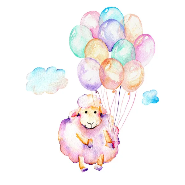 Watercolor cute pink sheep, air balloons and clouds illustration — Stock Photo, Image