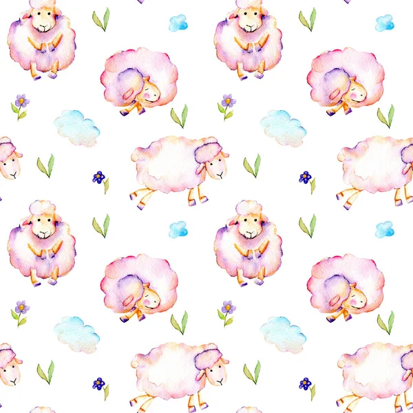 Sulu Boya şirin pembe koyunları, basit çiçek ve bulutlar illüstrasyonlar seamless modeli — Stok fotoğraf