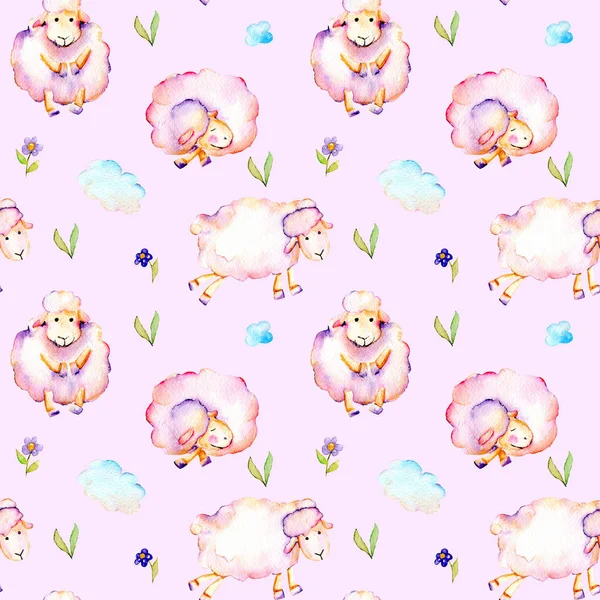 Seamless pattern with watercolor cute pink sheeps, simple flowers and clouds illustrations — Stock Photo, Image